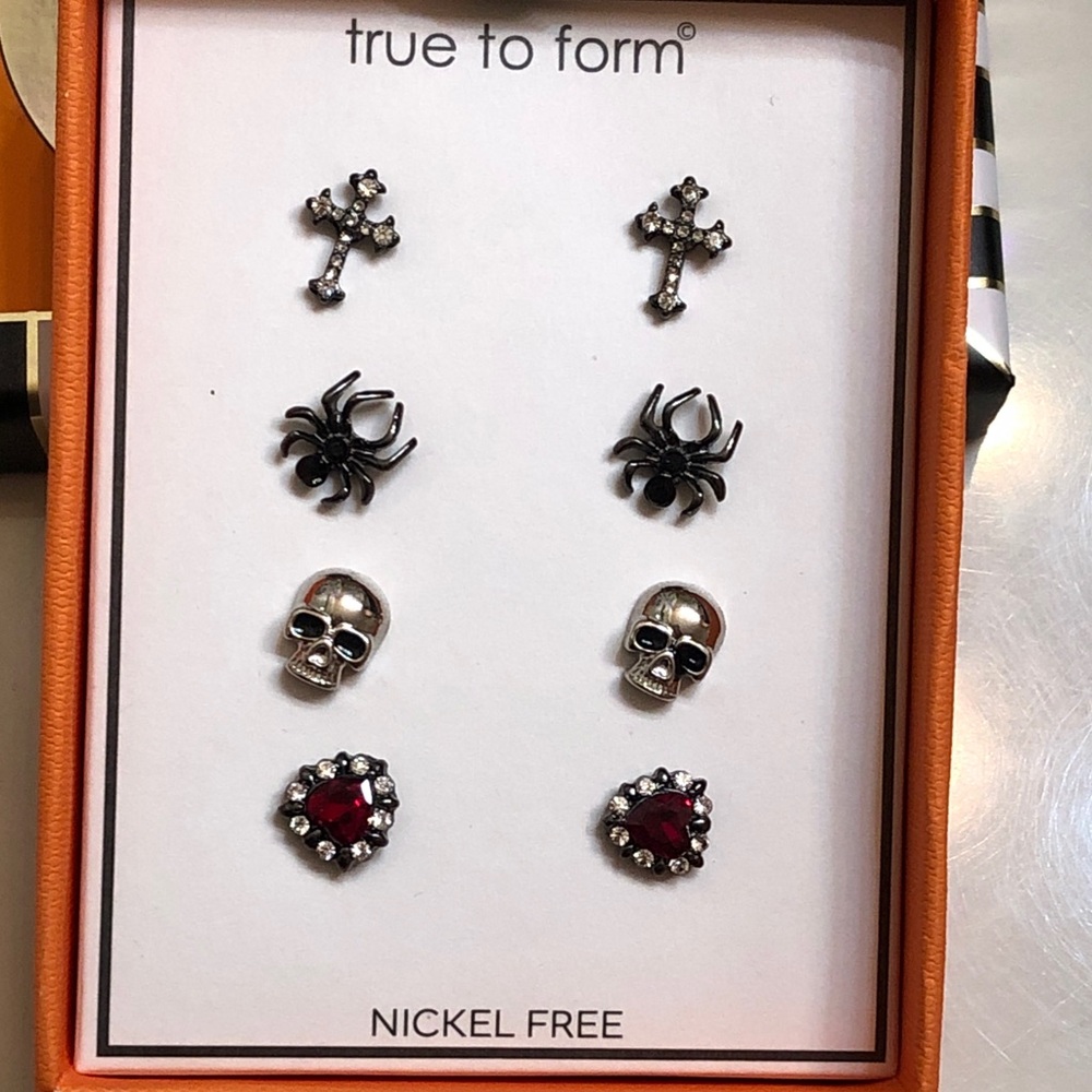 True to Form 4 Pair Gothic Stud Earring Set Cross, Skull, Heart & Spider NIB